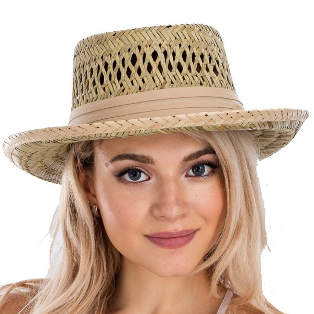 Summer 100% Straw Hat Banded Outdoor Pork Pie Natural Vacation Resort Beach